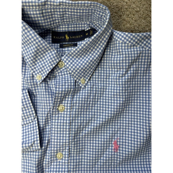 Polo Ralph Lauren Men's Medium Custom Fit Button Down Shirt Gingham Blue White - Picture 3 of 6